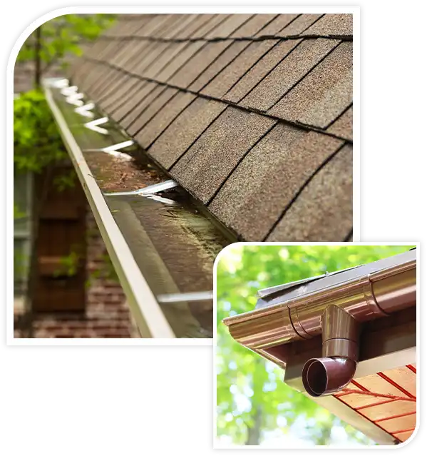Roof gutter on house, full of water due to clogged drain spout.