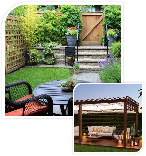 Small townhouse garden with patio furniture amidst blooming lavender.