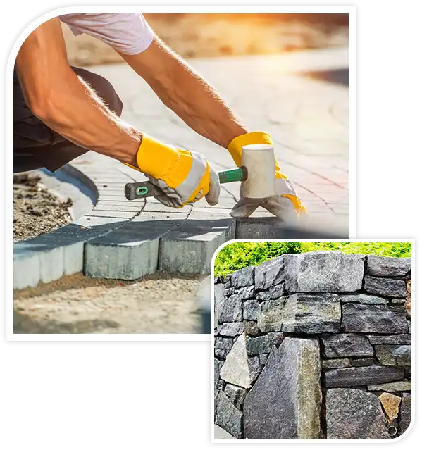 Garden Brick Pathway Paving by Professional Paver Worker.