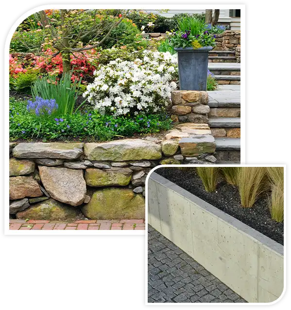 Natural stone steps and retaining wall, planter and garden border framing home entrance.